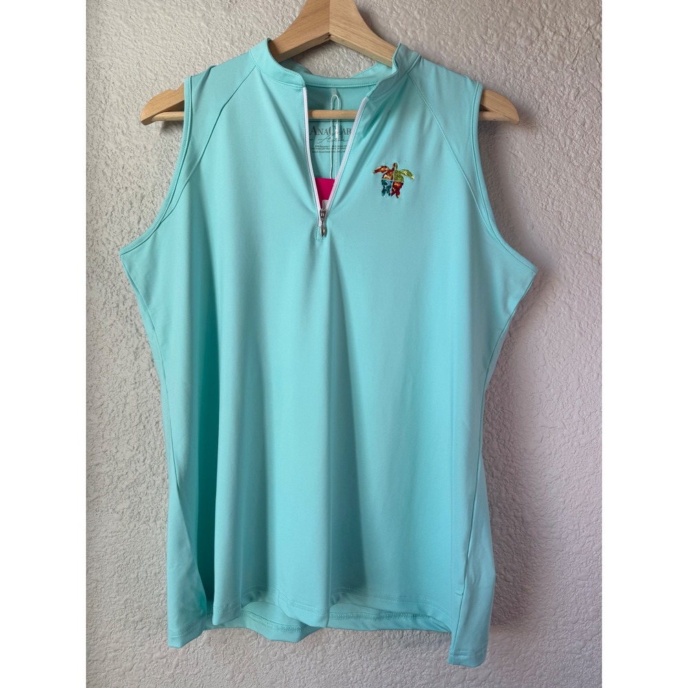 NWT AnaClare Active Sleeveless Golf Polo Top Aqua Blue UPF 50 Quarter Zip L